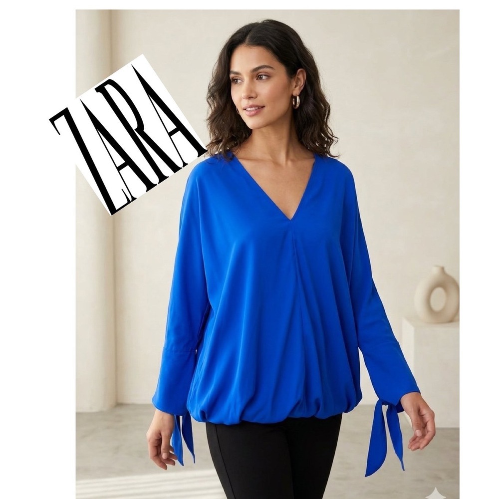 Zara Royal Blue V-Neck Batwing Sleeve Tie Cuff Bubble Hem Blouse M Minimalist